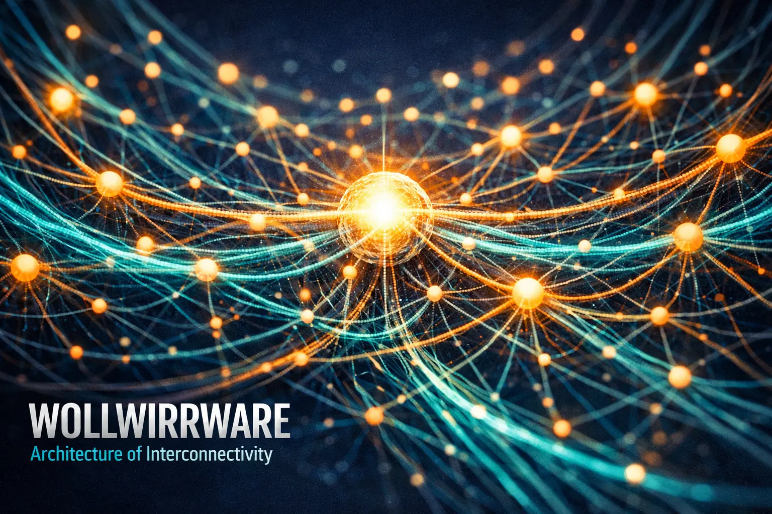 Wollwirrware interconnected architecture visualization showing digital network nodes glowing with blue data flows