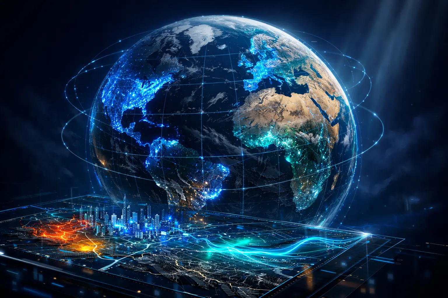 Jr Geo geospatial technology showing GIS satellite data layers and digital mapping interface for US urban and environmental analysis