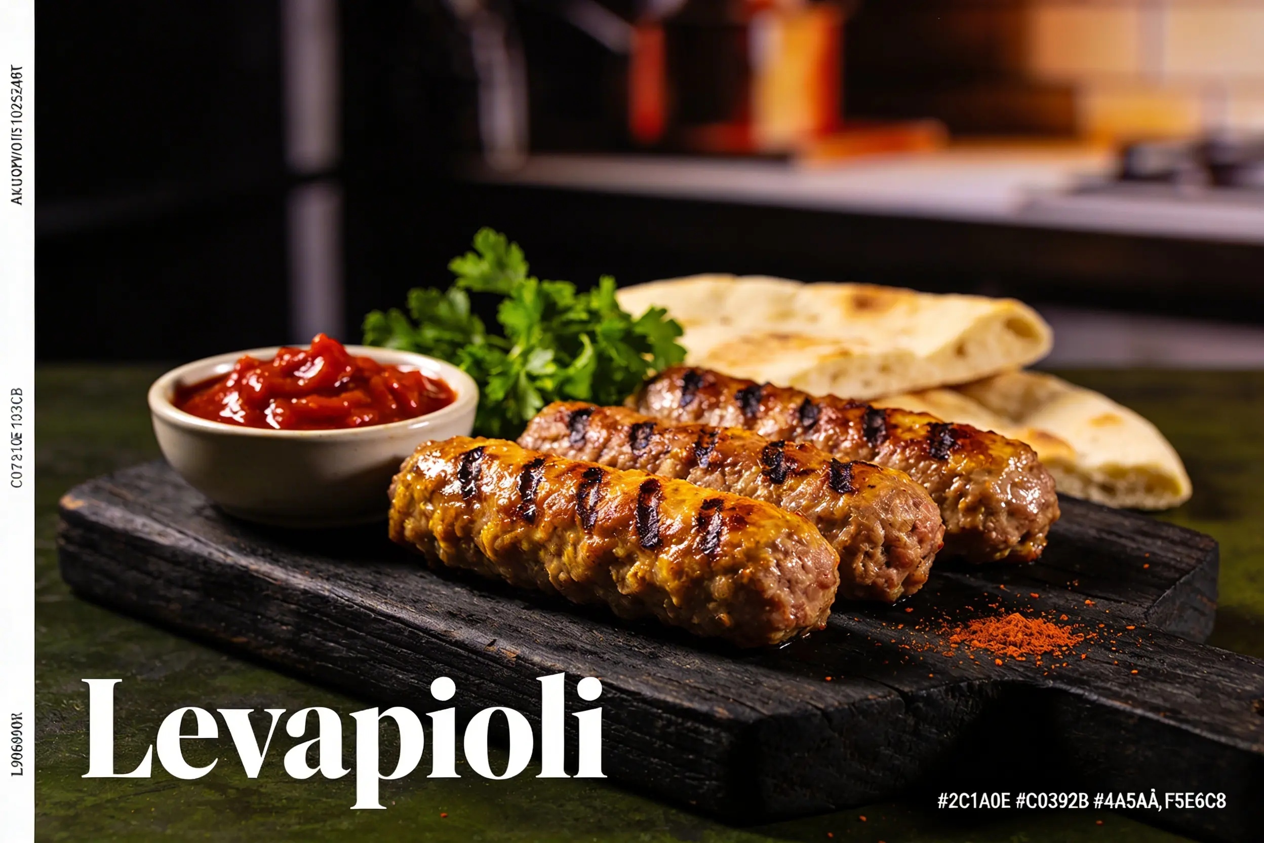 Levapioli grilled minced meat rolls served on rustic wooden board with ajvar sauce and flatbread, Mediterranean style