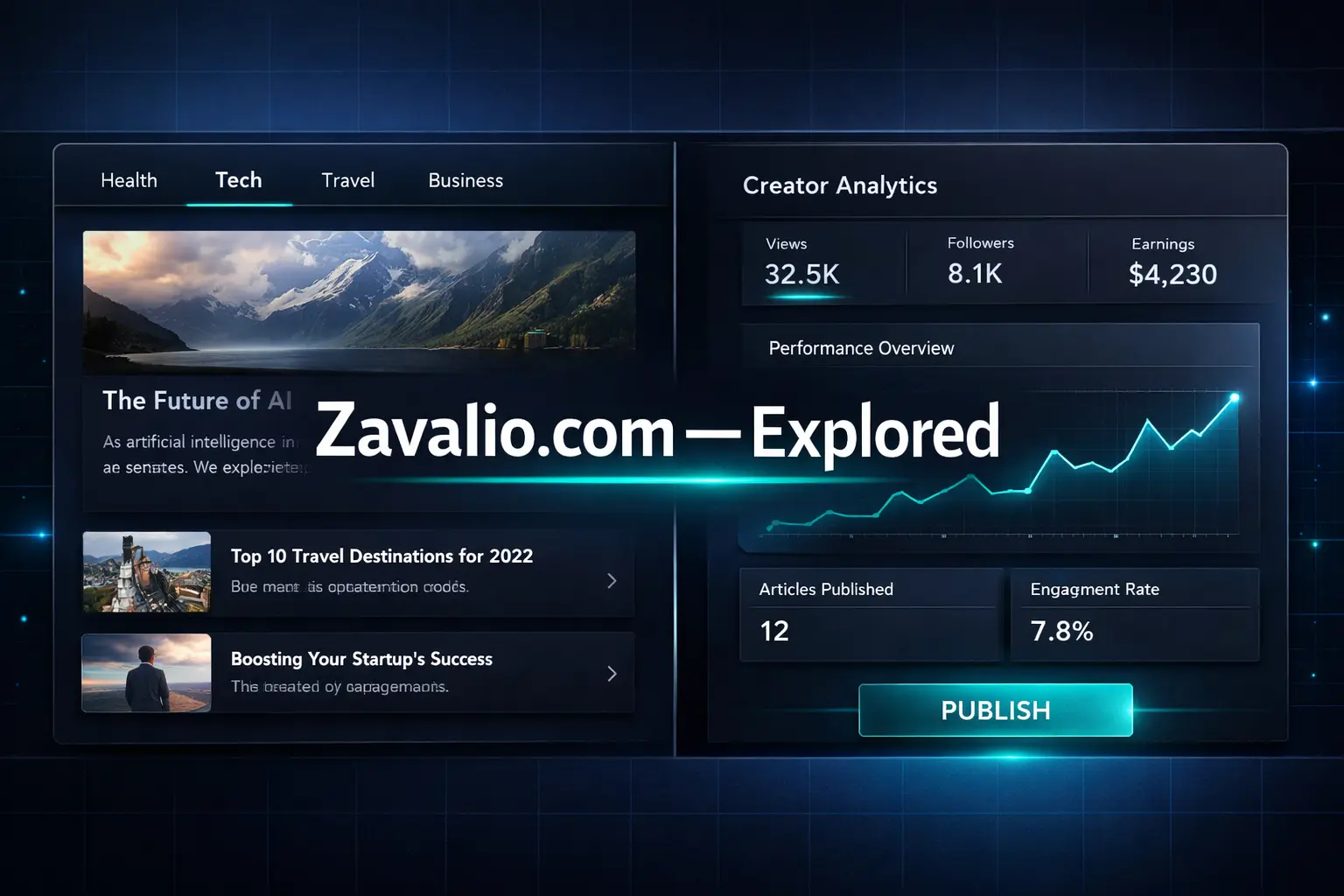 zavalio.com platform interface showing content discovery tools, creator dashboard, and multi-topic articles for US readers in 2026